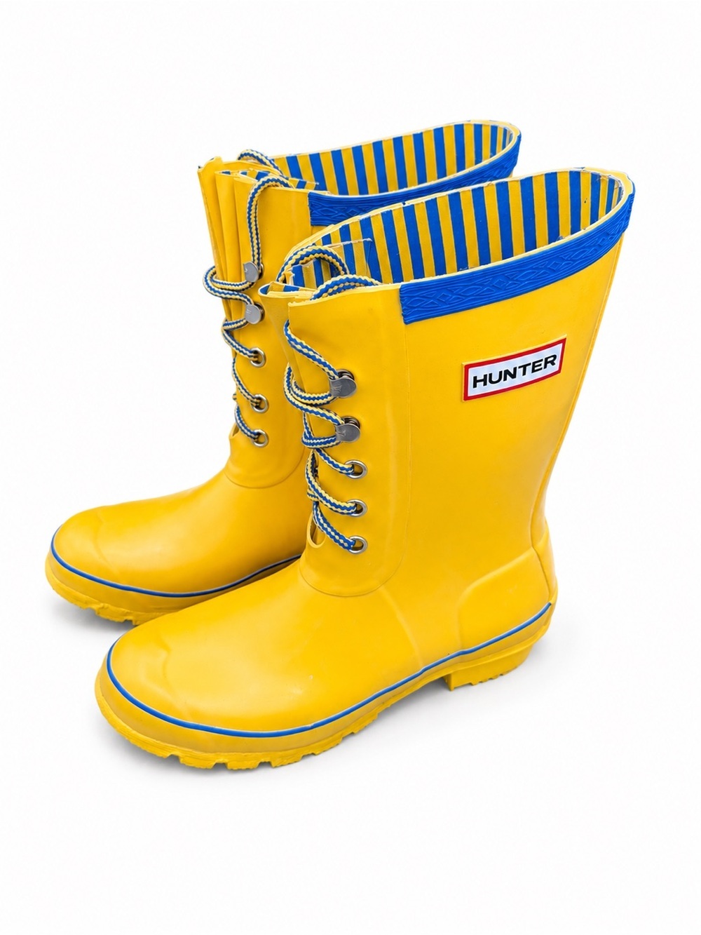 Hunter Kids Festival Lace Up Rain Boots Yellow Blue Stripe Size 4 Waterproof